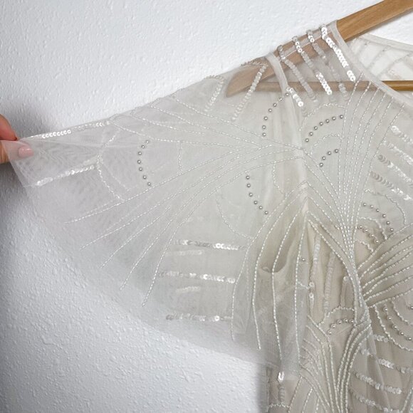 Adrianna Papell Ivory Pearl Beaded Flutter Sleeve Top Sz. 4 - Picture 8 of 13